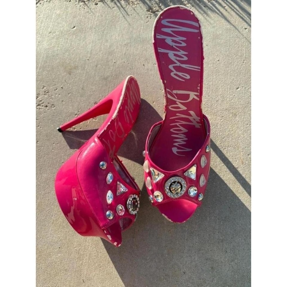 Y2K Sexy Apple Bottoms Hot Pink Platform Mules Rhinestone Stiletto Heels 8